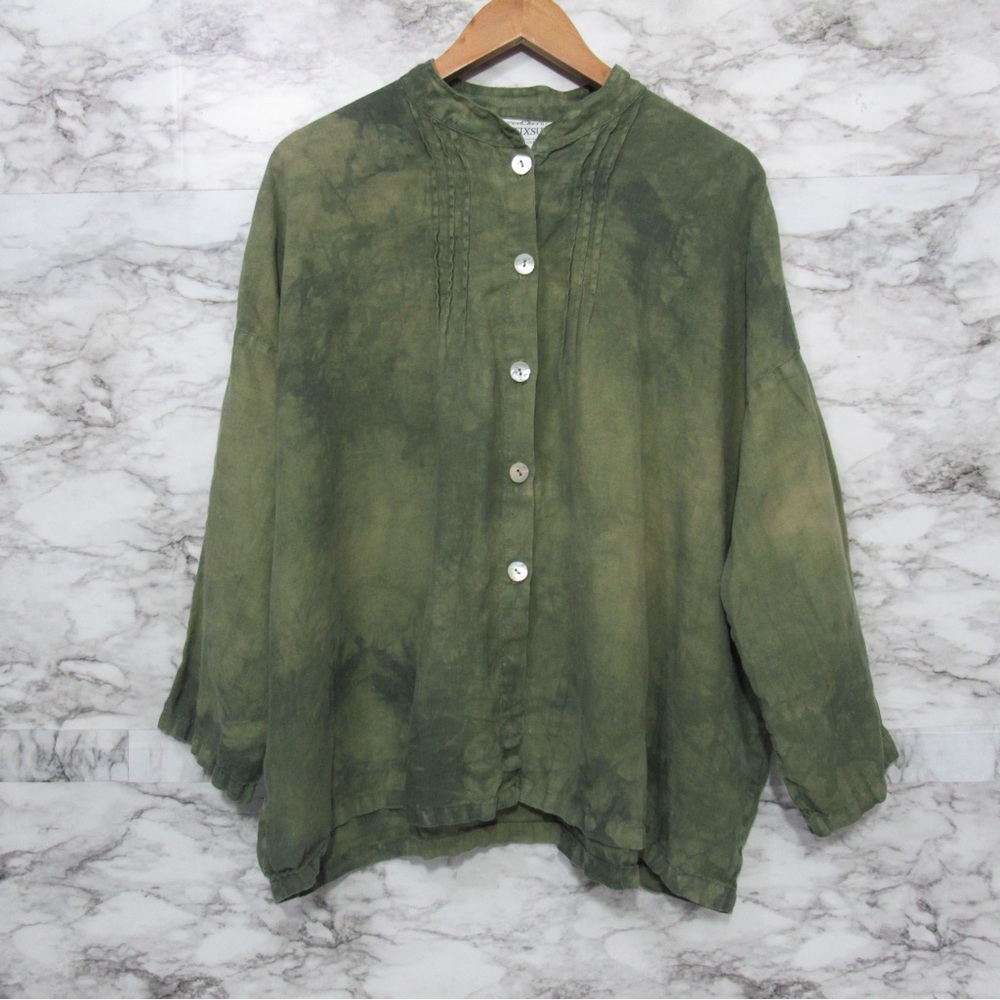 La. Fixsun Linen Lagenlook Oversized Tie Dye Green Button Down Shirt Size Small